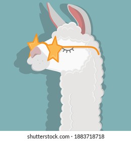 Image of a funny llama wearing glasses in the shape of stars. Flat vector illustration of a cute and fluffy alpaca. Template for postcards, banners, websites and printing houses.