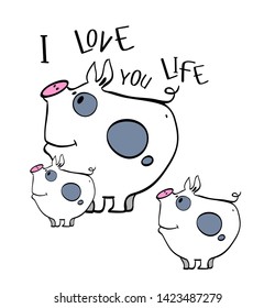 image of funny pigs, stylized, cute, childish, simplified, localized, friendly image of pigs