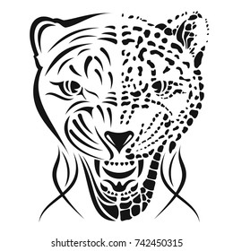 Image of the furious head of a leopard. Black tattoo. Vector illustration.
