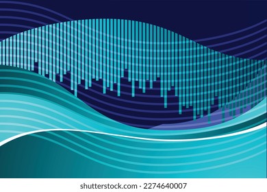 Image of a futuristic vector art which showcases an abstract representation of energy technology and a cityscape. The image is set against a dark blue background