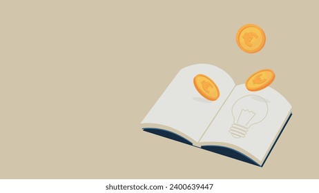 An image of gaining knowledge about money from books. A light bulb is drawn in the book. Some coins are flying above it.