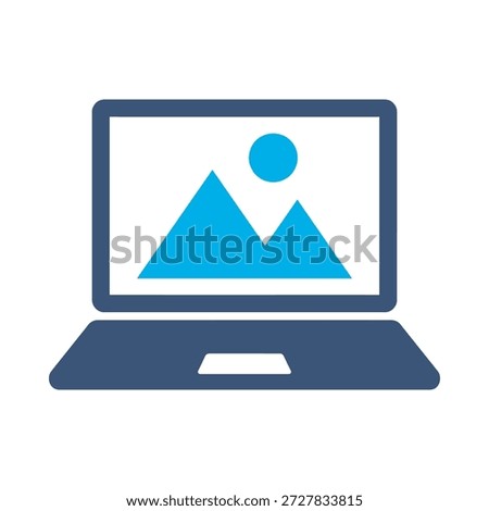 Image gallery icon blue flat vector design laptop photo symbol digital media picture view display graphic element sign