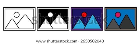 Image or gallery icon set in multiple styles including outline, inverted, and filled color. Vector-style symbol for photo viewer, image file, media content, or digital album interfaces.