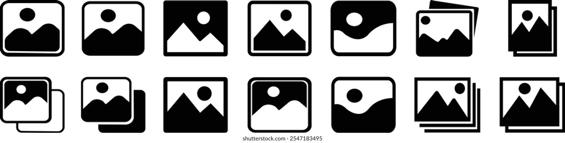 Image gallery icon set. silhouette of an image, Photo album icon, Photo gallery icon, Image symbol, Picture signs. Vector illustration on isolated transparent background, editable stock.