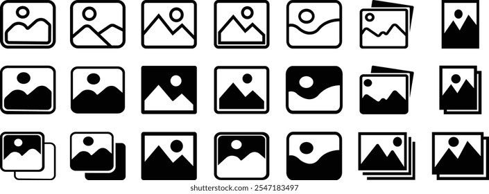 Image gallery icon set. silhouette of an image, Photo album icon, Photo gallery icon, Image symbol, Picture signs. Vector illustration on isolated transparent background, editable stock.