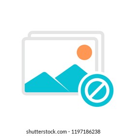 Image Gallery Icon Symbol. Vector Illustration of Image, Photo and Album Meaning Concept with not allowed sign. Picture Icon and block, forbidden, prohibit symbol. Vector illustration