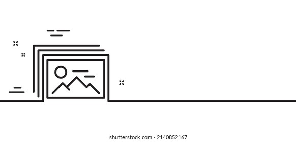 Icono de la línea de la galería de imágenes. Signo de miniatura de la foto. Símbolo de marcador de posición de imagen del álbum. Fondo mínimo de la ilustración de línea. Banner de patrón de icono de la línea de la galería de imágenes. Concepto de plantilla web blanca. Vector
