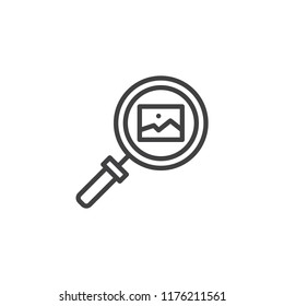 Image gallery search outline icon. linear style sign for mobile concept and web design. magnifying glass and picture simple line vector icon. Symbol, logo illustration. Pixel perfect vector graphics