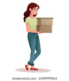 Image of the gardener girl. The colorful image of a woman carrying boxes combines design elements and cartoon artistry to create a lively and attractive image. Vector illustration.