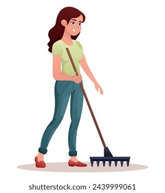Image of the gardener girl. This illustration conveys the essence of labor through a colorful representation of a woman with a rake, displaying a dynamic style. Vector illustration.