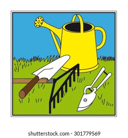 Image for gardening. In the square there are: a watering can, a pair of shears, a shovel flowers, a rake. All objects are on a lawn. To sign or business card.