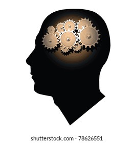 Image of gears inside of a man's head isolated on a white background.