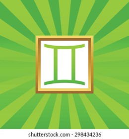 Image of Gemini zodiac symbol in golden frame, on green abstract background