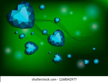 Image of gemstones in the shape of a heart. Vector image of faceted stones on a green background.