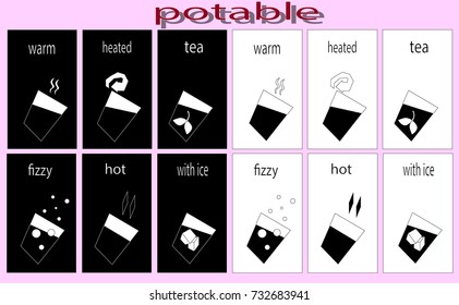 Image of geometric black and white objects on a purple background. Things mean drinks in a different design.