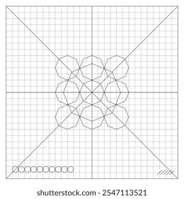 Imagem de figuras geométricas combinadas em um ornamento esotérico em folha de caderno de papel quadriculado. Folha de papel escolar forrada em uma gaiola com desenho matemático de ornamento esotérico. Vetor