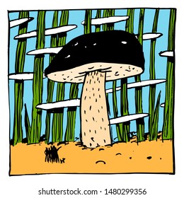 Image of a giant mushroom and grass, clouds and little people. Color illustration, perfect for use in publications, packaging, posters, souvenirs, t-shirt prints.