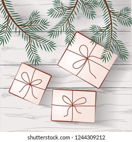 Image of gifts on a background of white wooden boards. EPS10