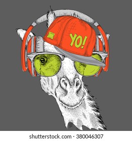 The image of the giraffe in the glasses, headphones and in hip-hop hat. Vector illustration.