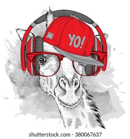 The image of the giraffe in the glasses, headphones and in hip-hop hat. Vector illustration.