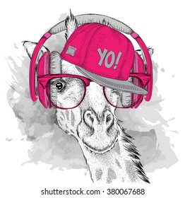 The image of the giraffe in the glasses, headphones and in hip-hop hat. Vector illustration.