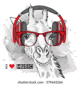 The image of the giraffe in the glasses and headphones. Vector illustration.