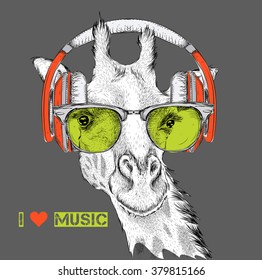 The image of the giraffe in the glasses and headphones. Vector illustration.