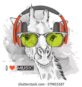 The image of the giraffe in the glasses and headphones. Vector illustration.