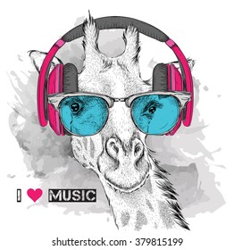 The image of the giraffe in the glasses and headphones. Vector illustration.