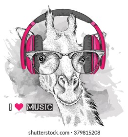 The image of the giraffe in the glasses and headphones. Vector illustration.