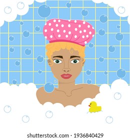 Image of a girl in a bath, soap bubbles around.