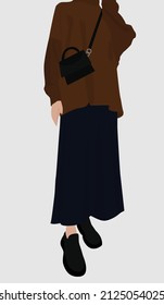 Image of a girl in a brown sweater and a long dark skirt. Vector flat image of a girl with a small bag and sneakers. Design for avatars, posters, backgrounds, textiles, templates.