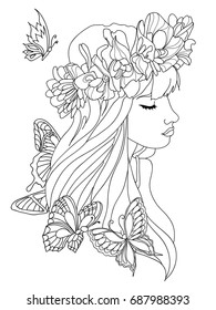 Image of a girl with butterflies in lines. Vector