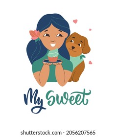 The image with girl and dog love sweetie is good for holidays day. The puppy is a Maltipoo with quote for poster, sticker, National pet day. The vector illustration