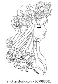 Image of a girl with flowers in lines. Vector