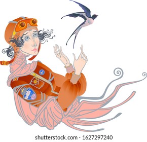 Image of a girl in the form of a pilot letting go of a bird. Vector graphics