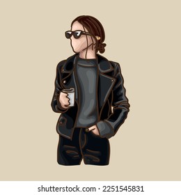 Image of a girl with a glass of coffee. Fashion drawing