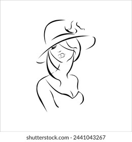 Image of a girl in a hat. Black and white vector image. Drawn on a graphics tablet in Adobe Illustrator. The image is intended for printing.