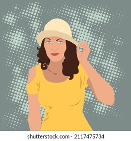 image of a girl in a hat on a green background in flat style. Vector graphics