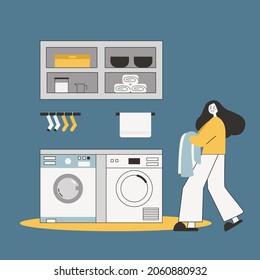 Image of a girl in a laundry room. Washing in a washing machine and dryer