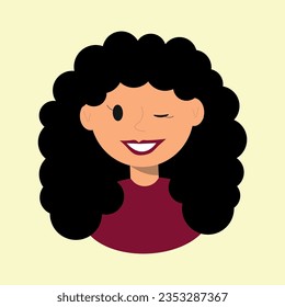 Image of a girl with long curly hair and red lipstick. flat illustration