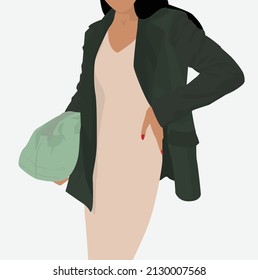 Image of a girl in a long pink dress and a green jacket. Vector flat image of a girl with black hair and a hand bag. Design for postcards, posters, avatars, textiles, templates.