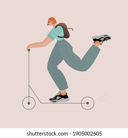  Image of a girl in loose clothes with a backpack on a scooter in motion