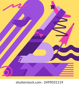Image of a girl on the beach with a boomerang. Poster to print and use online. A composition of abstract elements in a modern style.