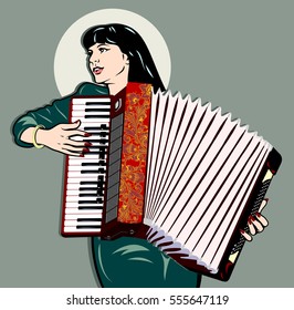 Image of a girl playing the accordion. Traditional retro pin up style