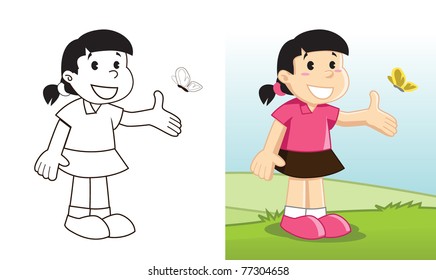 Image of girl playing with butterfly happily in wide green field under the clear blue sky