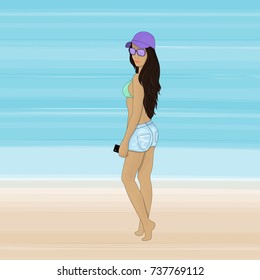 Image of a girl sunbathing on the beach. Girl, brunette in denim shorts, in a swimsuit, a baseball cap, sunglasses, with a phone in hands. Illustration for design, summer background. Vector eps10.

