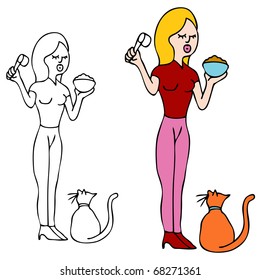 Imagen de una chica que usa una taza de medición para alimentar al gato.