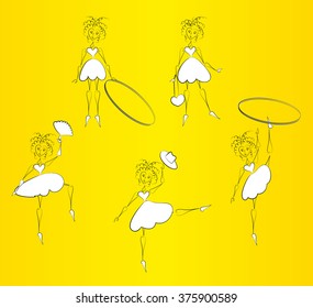 the image of the girl in various poses, with a Hoop, a fan, handbag, hat