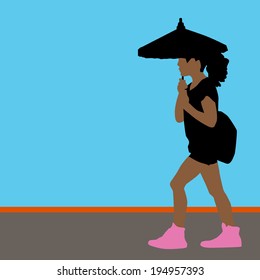 An image of a girl walking while holding a parasol.